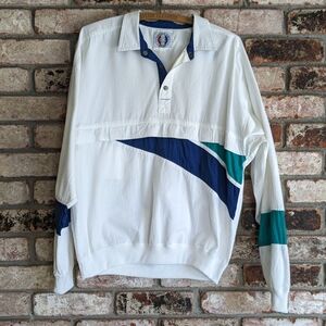 🌬️ Greenline Sport Vintage Windbreaker White w Green and Navy Blue M